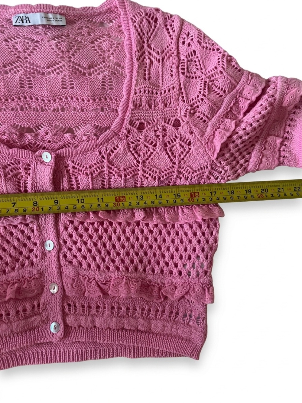 Zara Pink Crochet Ruffle Knit Cardigan Crop Top Short Sleeve Size Small - Picture 9 of 10